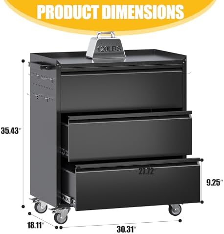 35.5" Rolling Tool Cabinet with 3 Drawers and Side Pegboards