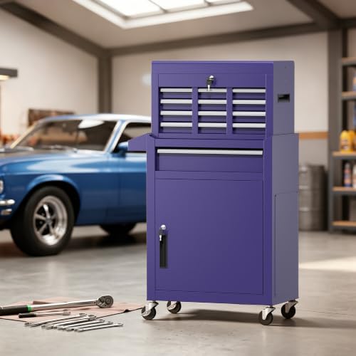 Greenvelly Tool Chest, 5-Drawer Rolling Tool Chest with Hooks and Lockable Wheels,Metal Storage Detachable Top Tool Box with Lockable Wheels for Garage,Workshop,Art Studio(Purple)