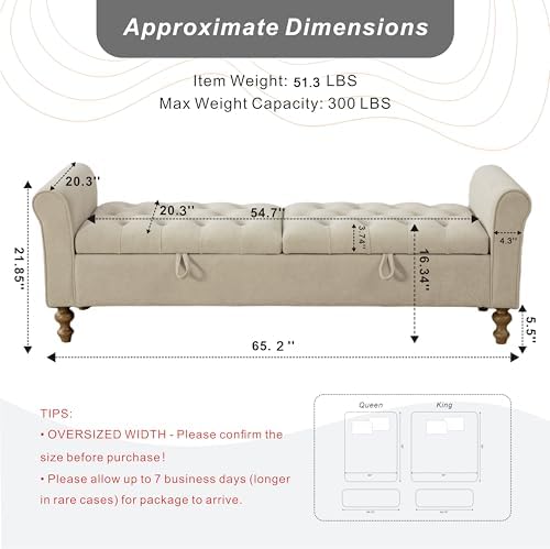 Storage Bench for Bedroom, 65.2'' Tufted End of Bed King Size Upholstered Extra-Long Bench with Dual Flip-Top Lids for Entryway, Hallway, Cloakroom, Window, Griege.
