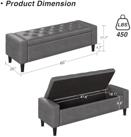 60" Storage Ottoman Bench, Faux Leather Upholstered Bed Bench, Grey