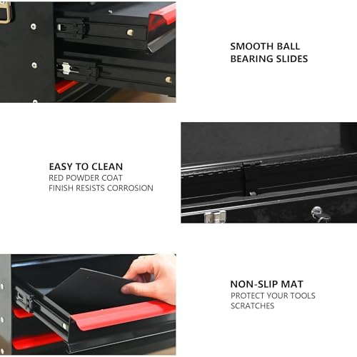 4 Drawer 21" Heavy Duty Metal Tool Box Portable Tool Chest with Metal Latch Closure & Security Key Lock, Top Storage Tray Toolbox with EVA Liners for Workbench, Garage & Warehouse (Black&Red)