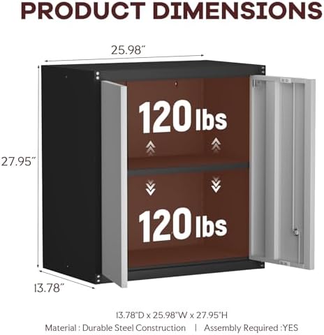 Steel Wall Cabinet, Heavy Duty Hanging Garage Storage Cabinet with Adjustable Shelf & Locking Doors, Wall Mounted Metal Garage Cabinet for Workshop, Utility Room, Shed, Black/Grey