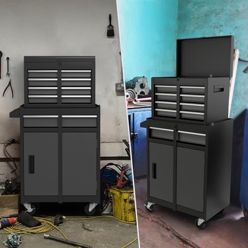 Goplus Tool Chest, 5-Drawer Rolling Cabinet with Detachable Top Toolbox, Lockable Wheels, Lock Bar, Protective Liner & Tool Rack, Metal Storage Cart for Garage Workshop