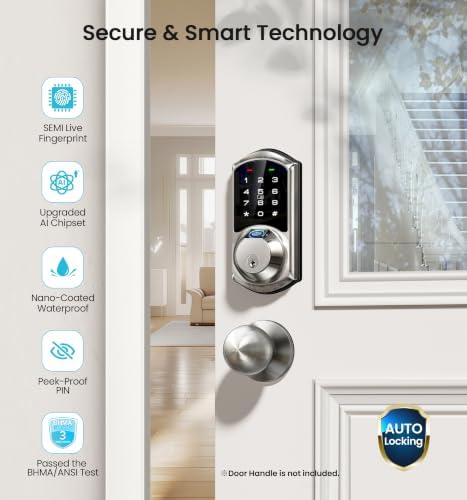 Veise VE07 Fingerprint Smart Deadbolt Lock, App Control, Fobs, Satin Nickel