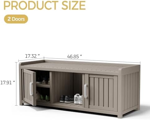 Storage Bench - Waterproof Resin Shoe Bench with Adjustable Shelves - Indoor & Outdoor Use, 2 Doors Entryway Bench with Hidden Storage Space - Storage Cabinet for Bedroom, Hallway, Grey
