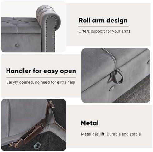 Storage Bench 67" Velvet End of Bed Benches Dark Grey