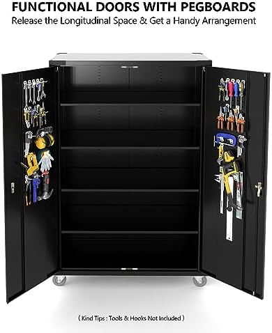 VINGLI Upgraded Wide & Deep Garage Storage Cabinet, Metal Storage Cabinet with Pegboards, Wheels, Locking Doors and Adjustable Shelves (Black, 43''W x 20''D x 72''H)