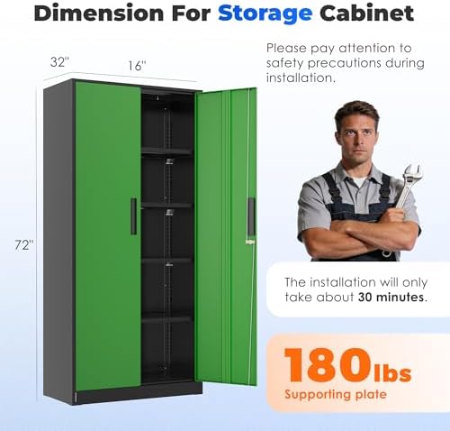 INTERGREAT Storage Cabinet with Doors and Shelves, Metal Garage Storage Cabinets with Lock, Black Lockable Steel Supply Cabinet for Home Office, Warehouse (Black Green)