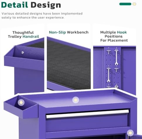 Greenvelly 5-Drawer Tool Chest with Wheels, Pre-Assembled Rolling Tool Chest, Detachable Top Tool Box, Lockable Design, Comes with Drawer Liners & Side Hooks for Garage Workshop Repair Room (Purple)