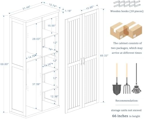 68.9" Wooden Broom Closet Storage Cabinet with Perforated Wood Panel and Doors, Utility Cabinet Built-in Bottom Openwork for Charging Device, Elegant Cleaning Storage Solution for Garage, Laundry