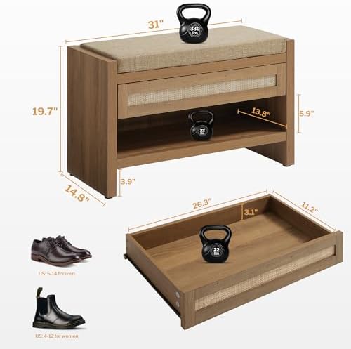 SICOTAS Rattan Shoe Bench Entryway Bench with Storage Drawer, Linen Cushion