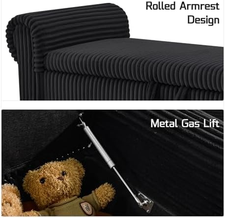 55" Corduroy Storage Ottoman Bench, Queen Bed, Black