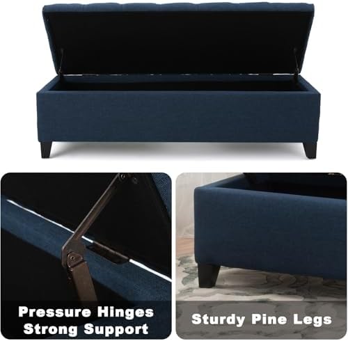 Fabric Storage Ottoman Bench, 51" Navy Blue Storage Bench End of Bed, Entryway Bedroom Benchs with Safety Hinges, Button Tufted Ottoman with Storage for Living Room, Entryway and Hallway
