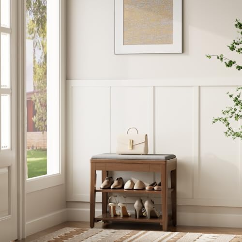 Solid Wood Shoe Bench with Storage, 2-Tier Shoe Storage Bench with Cushion
