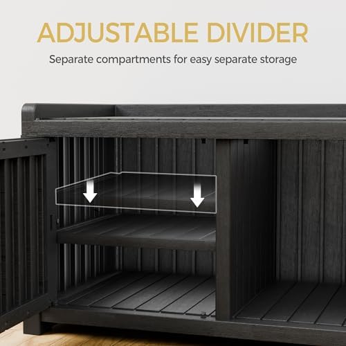 Storage Bench - Waterproof Resin Shoe Bench with Adjustable Shelves - Indoor & Outdoor Use, 2 Doors Entryway Bench with Hidden Storage Space - Storage Cabinet for Bedroom, Hallway, Black