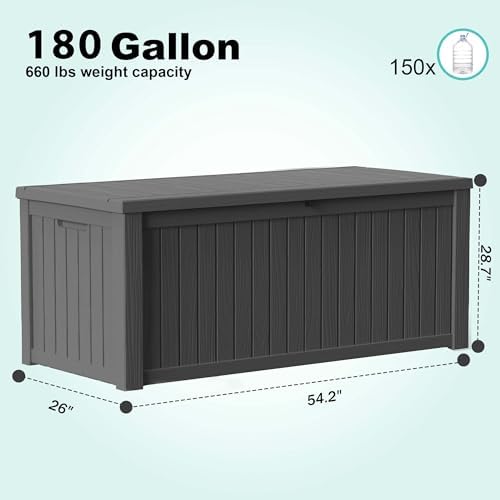 180 Gallon Outdoor Deck Box, Lockable Waterproof Outdoor Storage Boxes For Garden Tools,Indoor Cushions,Accessories Outside Storage Resin Weatherproof Container(Black)
