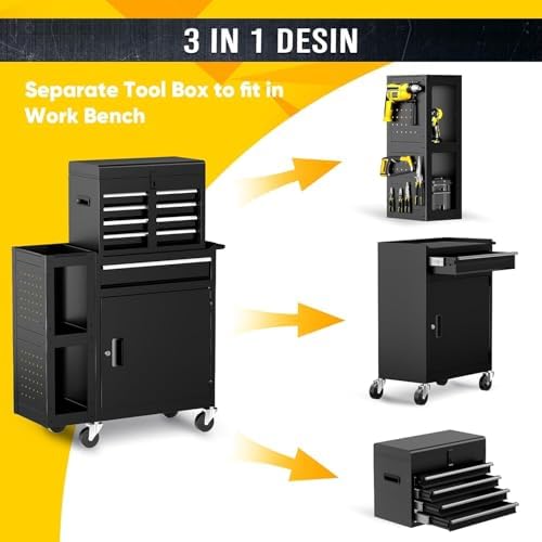 5-Drawers Rolling Tool Chest with Wheels, 3-in-1 Exclusive Tool Box Combo with Removable 2-Tire Utility Cart, 30% Extra Storage Rolling Tool Cabinet for Garage Workshop, 29”W x 11”D x 41”H