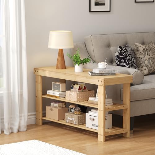 DUMOS Wooden Shoe Rack Bench, 3-Tier Bamboo Entryway Benches with Storage, Holds Up to 286 lb Storage Organizer, Suitable for Bedroom Living Room Balcony, 11.3 x 35.43 x 17.8 Inches, Natural Bamboo