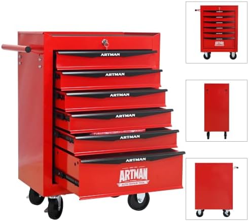 Heavy Duty 6-Drawer Rolling Tool Chest, Key Lock Tool Storage Cabinet with Lockable Casters & Drawer Liners, Mobile Tool Organizer Cart for Garage Workshop Warehouse Repair Shop (Red)