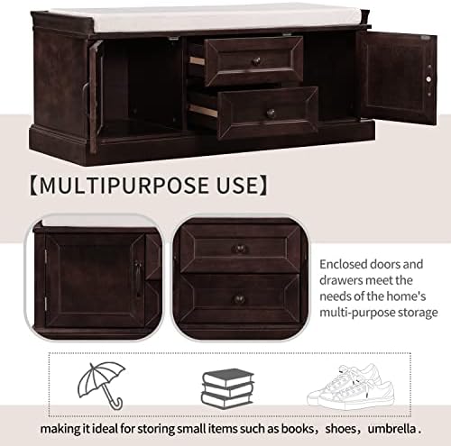 Knocbel 42.5" Storage Bench with Removable Cushion, 2 Drawers and 2 Cabinets, Entryway Hallway Foyer Shoe Bench Bedroom End of Bed Bench (Espresso)