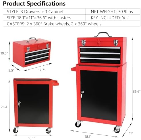 Henf 3-Drawer Rolling Tool Storage Cabinet with Detachable Top Tool Box, Liner, Adjustable Shelf, Wheels - Mobile Steel Organizer for Garage, Warehouse, Workshop, Repair Shop
