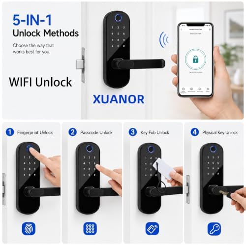 Keyless Entry Fingerprint Smart Deadbolt Lock with Handle & Keypad – App Control, Code Access, Easy DIY Install for Front Door, Home, Airbnb, Rental