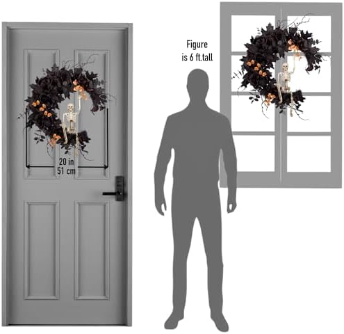 20" Pre-lit Halloween Black Moon Wreath with Poseable Skeleton, Handmade Halloween Wreath Decor for Home Front Door Porch Wall Hanging