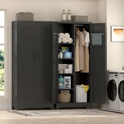 IRONFFICE Metal Utility Closet,Broom Closet Storage Cabinet with Doors and Shelves,Locking Storage Cabinets for Home Office,Gym,Laundry,Black