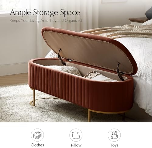 EcoHarbor Living 50.5" Storage Bench Velvet Bedroom Ottoman,Upholstered End of Bed Bench with Gold Legs,Flipping Lid Entryway Footrest, Burn Brick