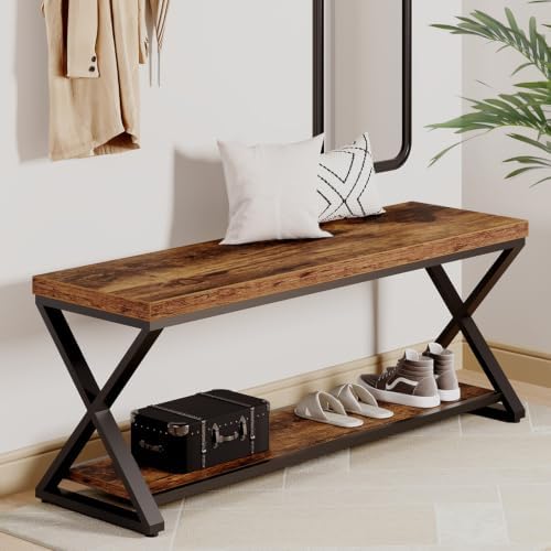 IBF Rustic Entryway Bench with Storage, Rustic Brown Wood and Metal Bench