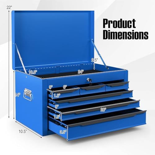 Tool Box, 6-Drawer Steel Tool Chest with Top Storage Automatic Lock & EVA Liner, Portable Tool Storage Organizer for Repair Shop Garage Warehouse (Blue)