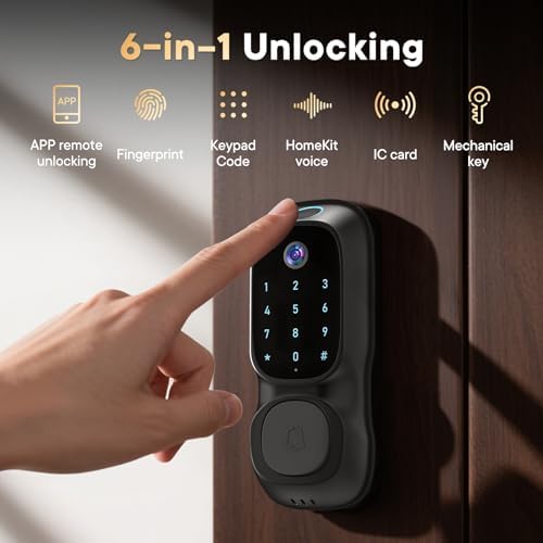 Video Smart Lock with Camera & Doorbell,6-in-1 Keyless Entry Door Lock for Front Door,Deadbolt Lock with Built-in WiFi 2K HDR Camera,Support Fingerprint,Keypad and Voice Unlock,Video Call,App Control