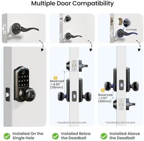 Veise VE018 Fingerprint Keypad Smart Door Knob Handle Lock, Matte Black