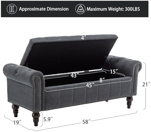 HOMEFLEX 58" Storage Bench for Bedroom, End of Bed Bench, Chenille Dimgray