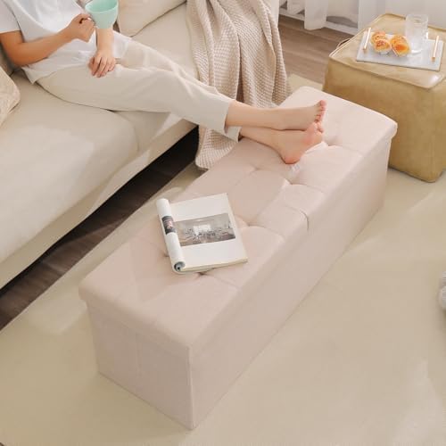Storage Ottoman Bench Foldable Footrest Foot Stool, 45" Fabric Beige