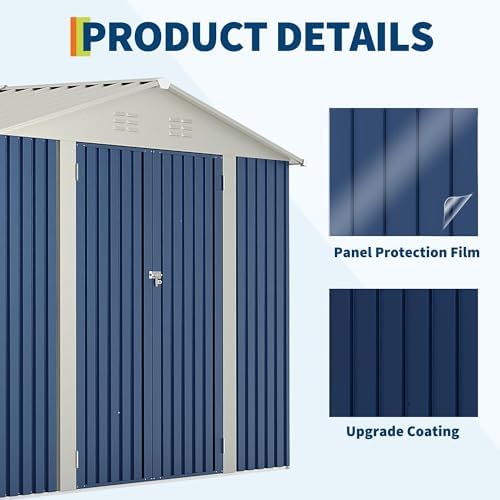 Garvee 10x10 FT Metal Storage Shed – Lockable Doors, Floor Frame, Blue