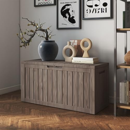 80 Gallon Deck Boxes Outdoor Waterproof, Outdoor Storage Box with Lockable Lid & UV-Resistant for Patio Furniture, Outdoor Cushions, Garden Tools and Pool Supplies, Light Brown