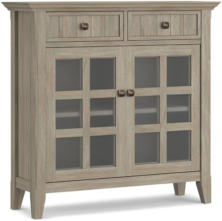 SIMPLIHOME Acadian Storage Bench and Cabinet Set in Distressed Grey