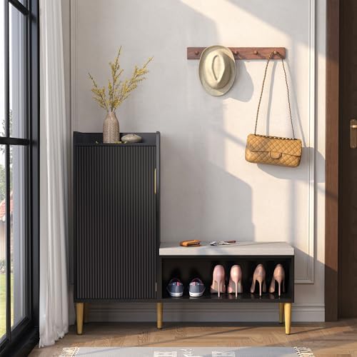 Storage Bench with Fluted Door&Shelf, L-Shaped Entryway Bench