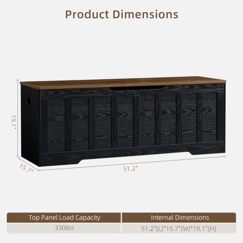 VANKILEY 51.2" Storage Chest Extra Large,Wooden Storage Bench,Black+Brown