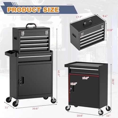 Tool Chest, 5-Drawer Rolling Tool Chest with Detachable Top Tool Box, Tool Box with Wheels, Tool Storage Cabinet for Garage, Warehouse, Workshop (Black)