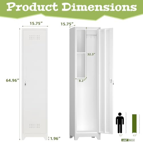 Slim Broom Storage Cabinets, Metal Cabinet with Shelves and Hanging Rod, 15.75" W Utility Storage Cabinet with Locking Door, Slim Cabinet for Small Spaces, Kitchen, Pantry, Office, Shop
