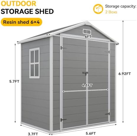 Aoxun 6x4 FT Outdoor Storage Shed, Resin Shed with Suction Light, Gray