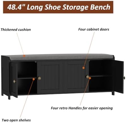 HOMEFORT 48.4" Shoe Storage Bench with Cushion, Entryway Bench with Paddded Seat, 2-Tier Shoe Cabinet Bench with Adjustable Shelves and 4 Doors, Wooden End of Bed Bench, for Bedroom, Hallway, Black