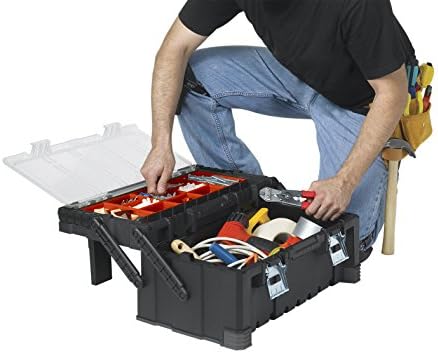 KETER 22 Inch Cantilever Plastic Portable Tool Box Organizer with Metal Latches for Small Parts, Hardware and Tool Storage and Organization