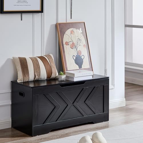 39.4” Storage Bench, Extra Large Entryway Bench with Storage,Storage Chest with 2 Safety Hinges,Blanket Storage,Shoe Storage Chest for Bedroom,Living Room,Easy Assembly. (Black)