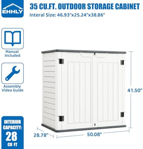 EHHLY Horizontal Resin Storage Shed, 35 Cuft Garden Tool Sheds & Outdoor Storage, Outdoor Plastic Storage Cabinet Waterproof, 4FT Tall Backyard Outside Lawn Mower Storage Shed, White
