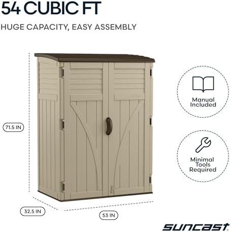 Suncast Outdoor Storage Shed, Water Resistant Resin Vertical Outdoor Storage Cabinet for Patio, Garden Tools, Cushions, & Equipment, Weatherproof Multi-Wall Design, 54 cu. ft., Made in USA