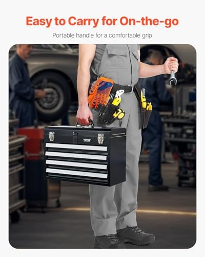 VEVOR Metal Tool Box, 20.5-inch, Portable Metal Tool Box with 4 Drawers, Small Tool Chest with EVA Liners, Ball Bearing Slide Drawers Locking & Powder Coated Finish, Multi-Function Tool Organizer