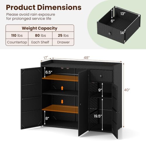 Tangkula Rattan Outdoor Storage Cabinet with 2 Adjustable Shelves